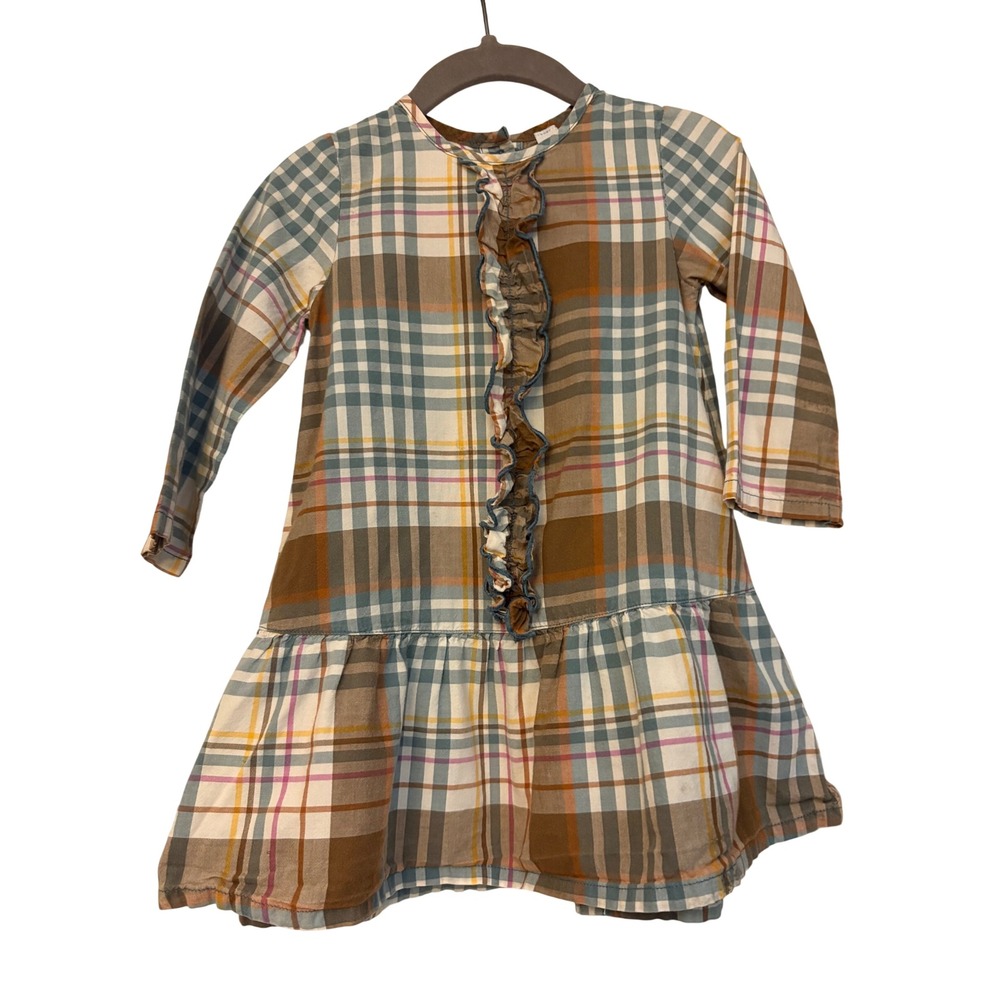 Petit Bateau Kids Brown Blue Plaid Ruffle Drop Waist Button Back Dress 18m 81cm